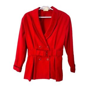 Vintage 80s Cherry Red Double Breasted Belted Blazer Woven  Soft Shawl Collar M